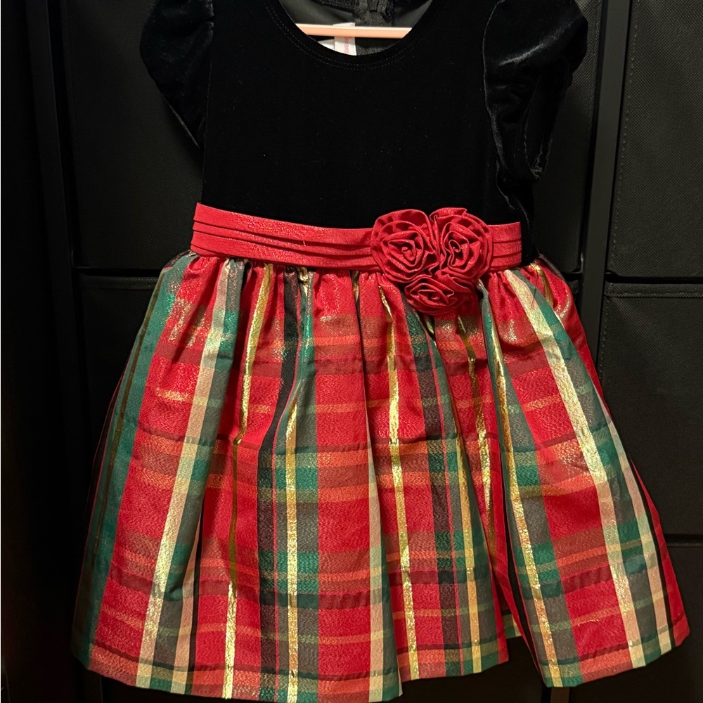Festive Plaid Dress with Red Gold Green Accents